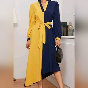 NWOT Asymmetric Elegant Navy and Yellow Dress